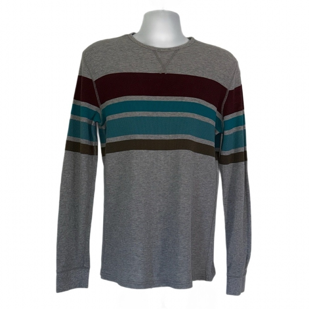 Mossimo Supply Co Men’s Long Sleeve Thermal Shirt Size L Gray Stripe Crew Neck